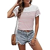 SweatyRocks Women's Short Sleeve T Shirt Striped Print Round Neck Casual Soft Knit Tee Top