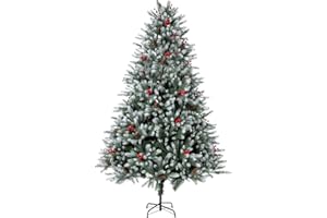 EDWINENE 7FT Artificial Christmas Tree, Fiber Christmas Trees Pine Trees with 800 Branch Tips, Berries&Pine Cones Decor, Foldable Metal Base for Home, Office, Party Decorations