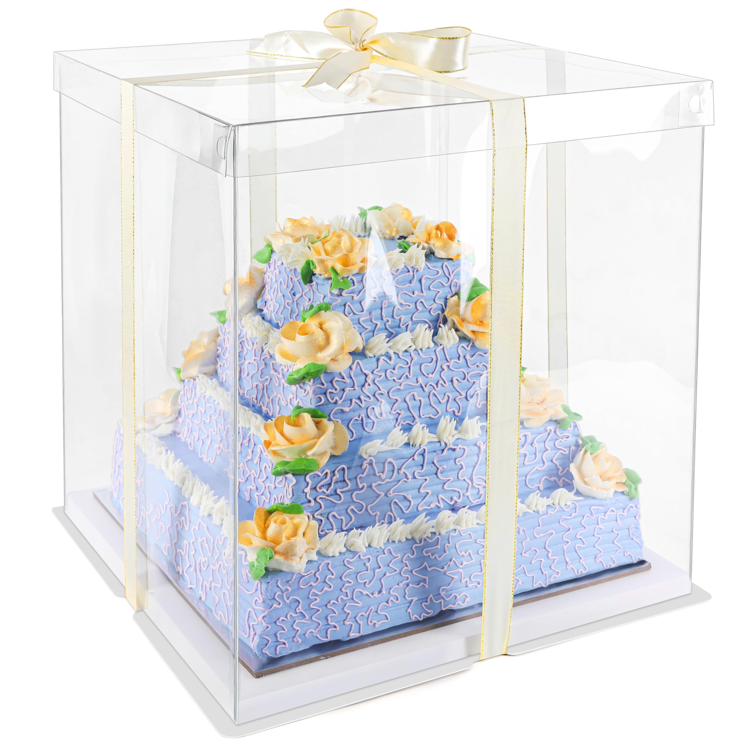 Belle Vous Clear Plastic Tall Cake Box with Boards & Ribbon - 35 x 35 x 38cm/13.78 x 13.78 x 14.96 Inches - Transparent Tall Cake Gift Packaging Carrier Box for Birthdays, Weddings & Parties