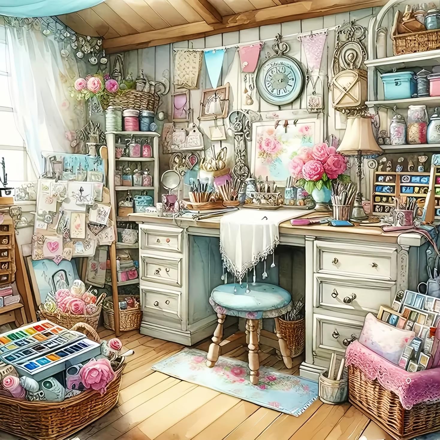 Photo 1 of **2 pack**GXGLLPZBY 5D Diamond Painting Kits for Beginners, DIY Artist Desk with Roses Diamond Art Kits for Adult, Full Round Diamond Dot Gem Art Kits, Home Wall Decoration 13.8x13.8 Inches