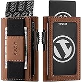 VULKIT Mens Minimalist Wallet for Max. 8 Cards with Pop-Up Credit Card Ejector RFID Blocking, ID Window and Elastic Strap for Bills or Keyring, Gift Box Packed, Brown