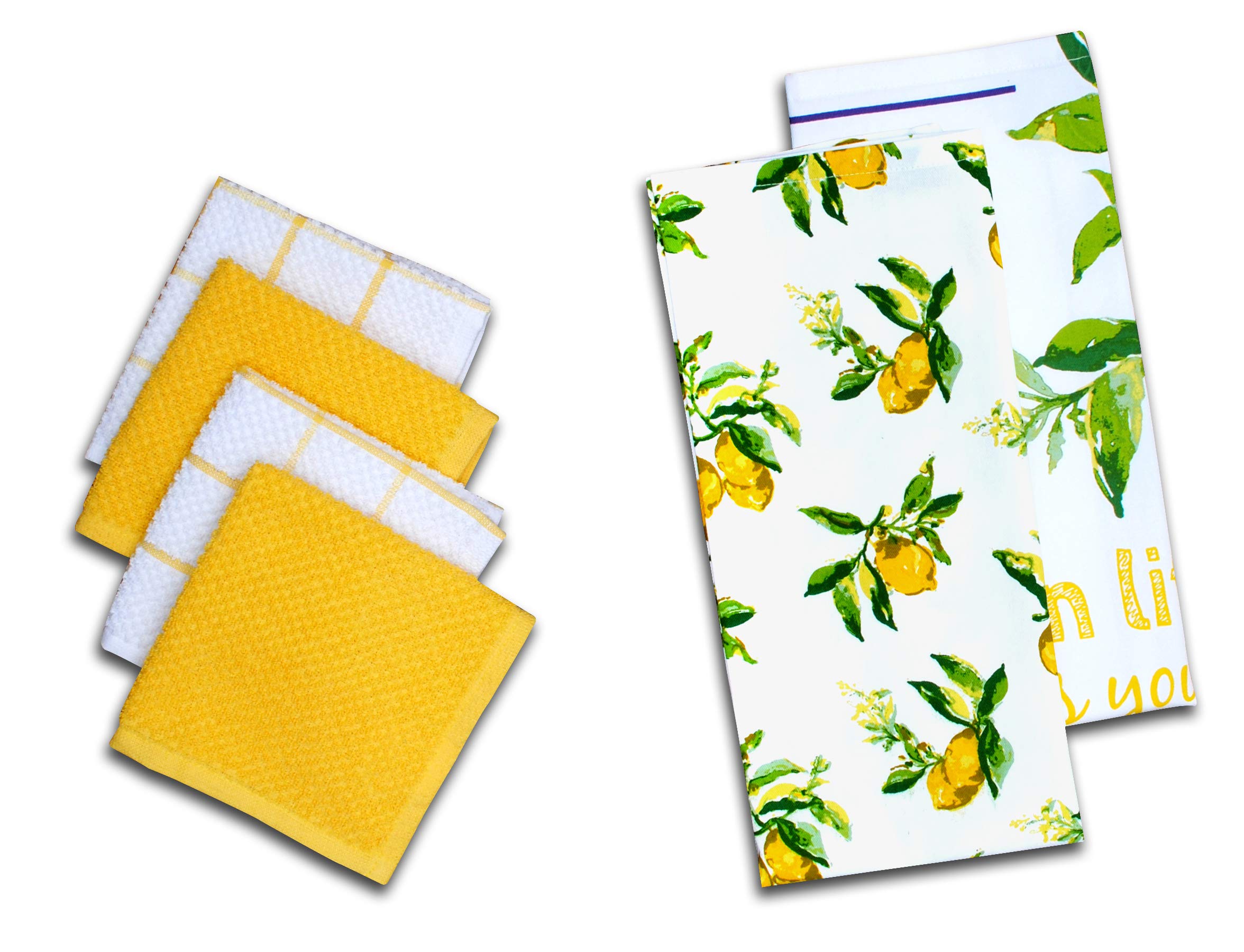 AMOUR INFINI Blooming Floral 6 Pack Kitchen Set | 2 Decorative Kitchen Towels (45 x 70 cm) and 4 Terry Dishcloths (30 x 30 cm) | 100% Cotton Machine Washable | Super-Soft and Ultra Absorbent | Yellow