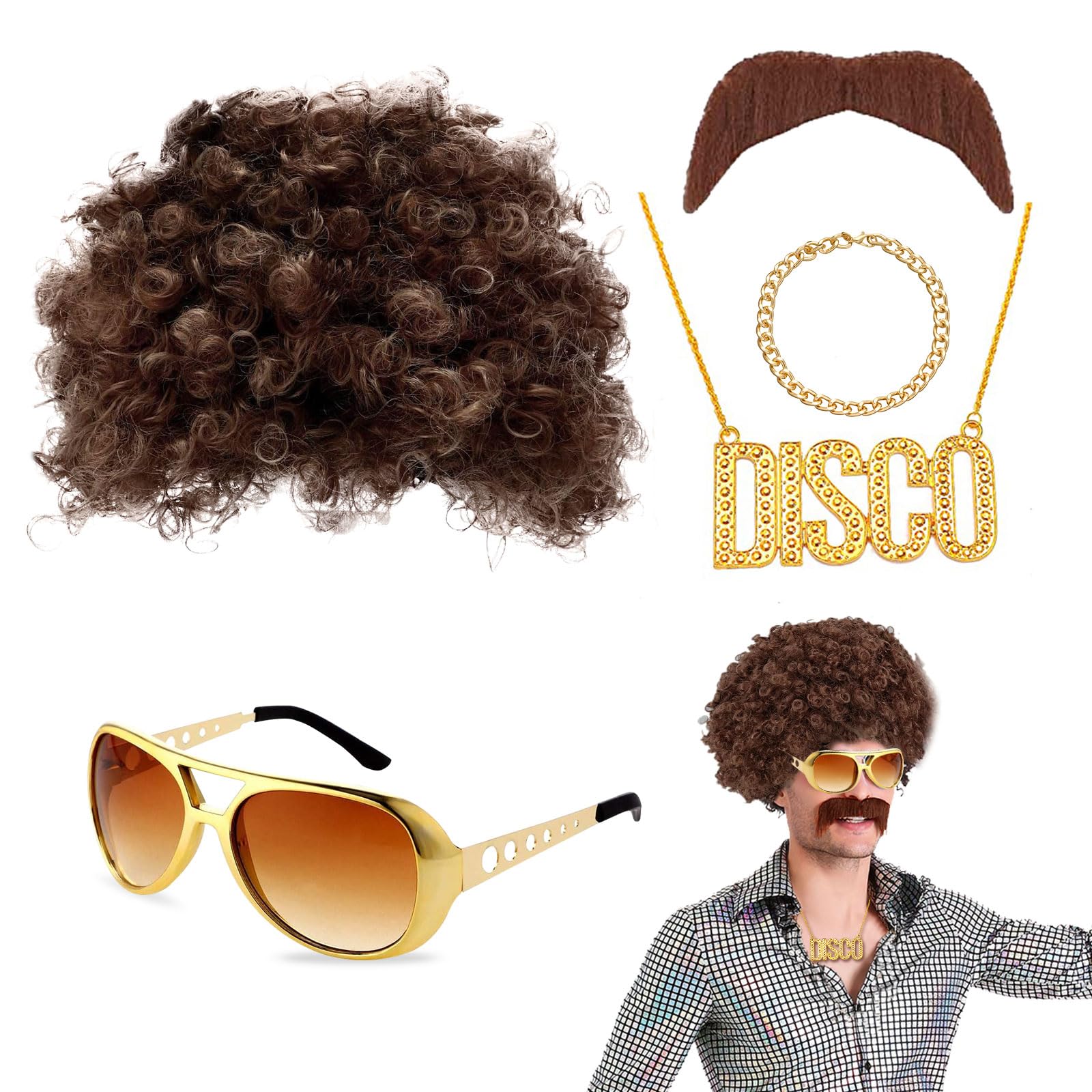 VIKSAUN 5 Pcs Disco Hippie Costume, Hippie Accessories, 70s 80s Hippy Fancy Dress Accessories, Funky Afro Wig, HIppie Wig, for 60s 70s 80s Fancy Dress Costume Disco Themed Party (5 Pcs)