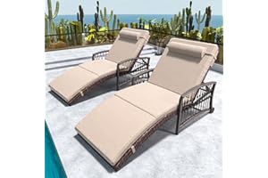 ZZWHOM Outdoor Chaise Lounge Set of 2 Outdoor Wicker Rattan Patio Chairs Recliners with 5-Position Backrest & Thickened Cushions & Wheels for Backyard Pool Beach