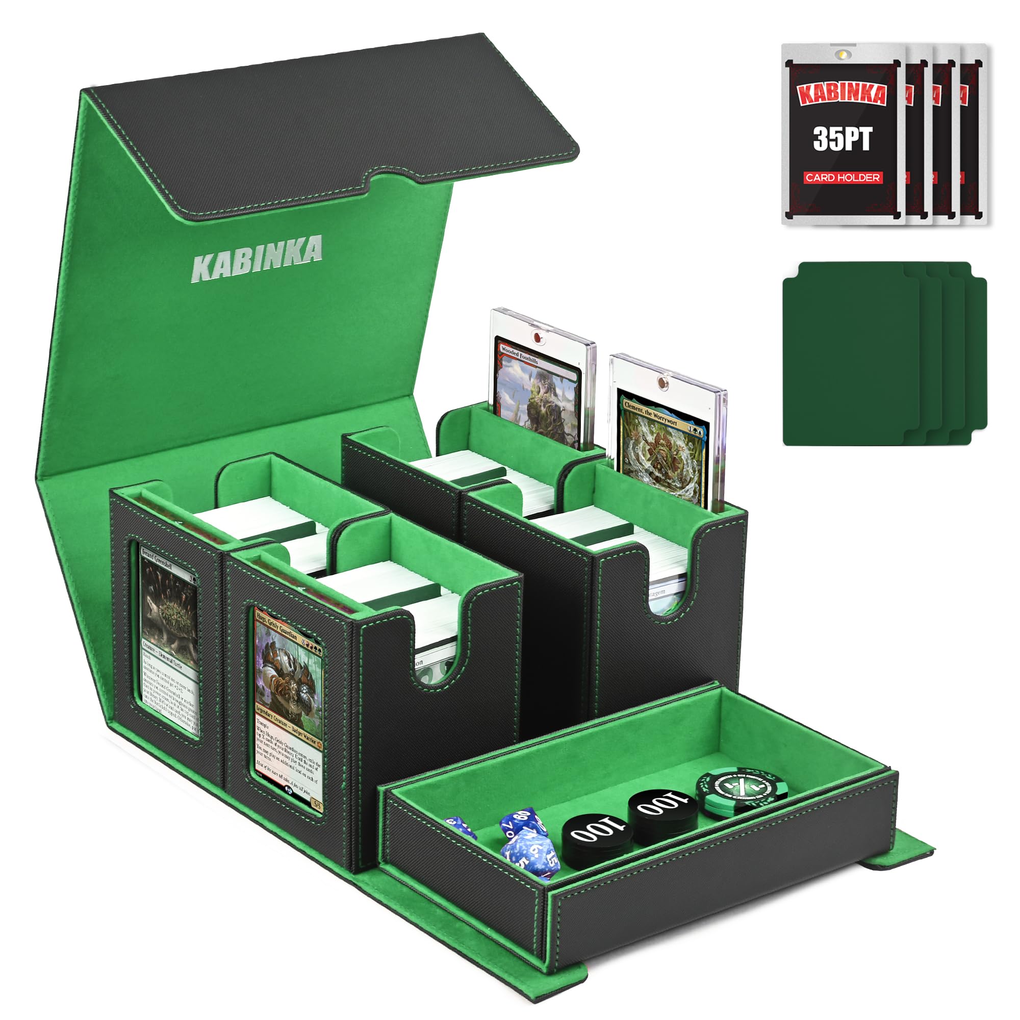 Card Deck Box for MTG with Commander Display, 5 in 1 Card Storage Box Fits 400+ Double-sleeved Cards, Removable Deck Case for TCG/Sports Cards with Dice Tray, 4 Magnetic Card Holders (Black Green)