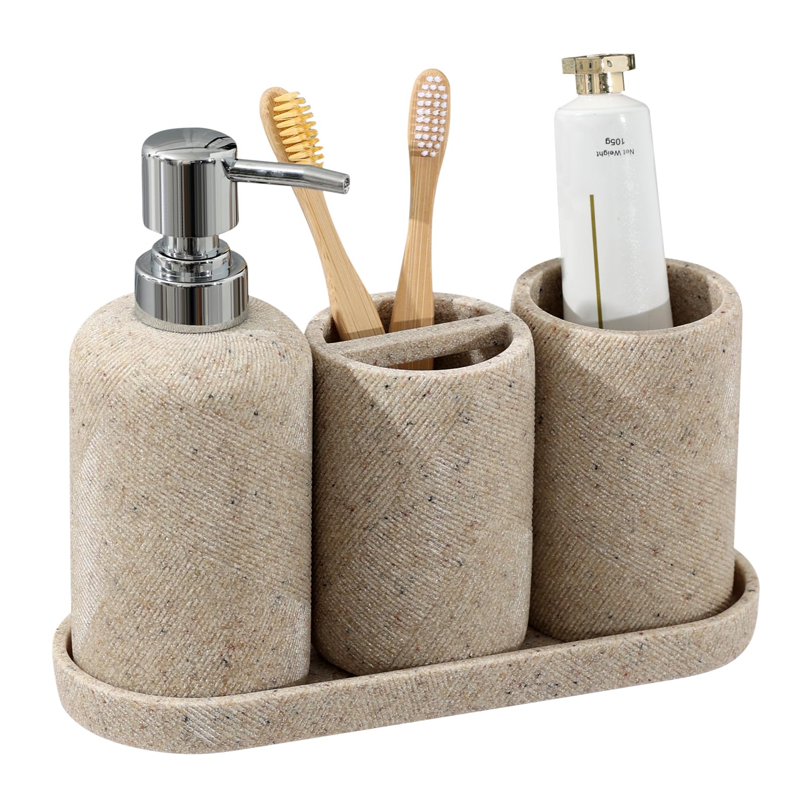 Photo 1 of Bathroom Accessories Set, Bathroom Organizer Countertop, Soap Dispenser and Toothbrush Holder, Mouthwash Cup, Tray Set, Vanity Tray for Bathroom, 4 Pieces Modern Decor (Beige)