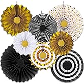 8 PCS Black Gold Party Hanging Paper Fans Decorations,Round Flower Paper Pompoms Fan for Photo Backdrop Halloween Graduation Birthday Wedding Party Decorations