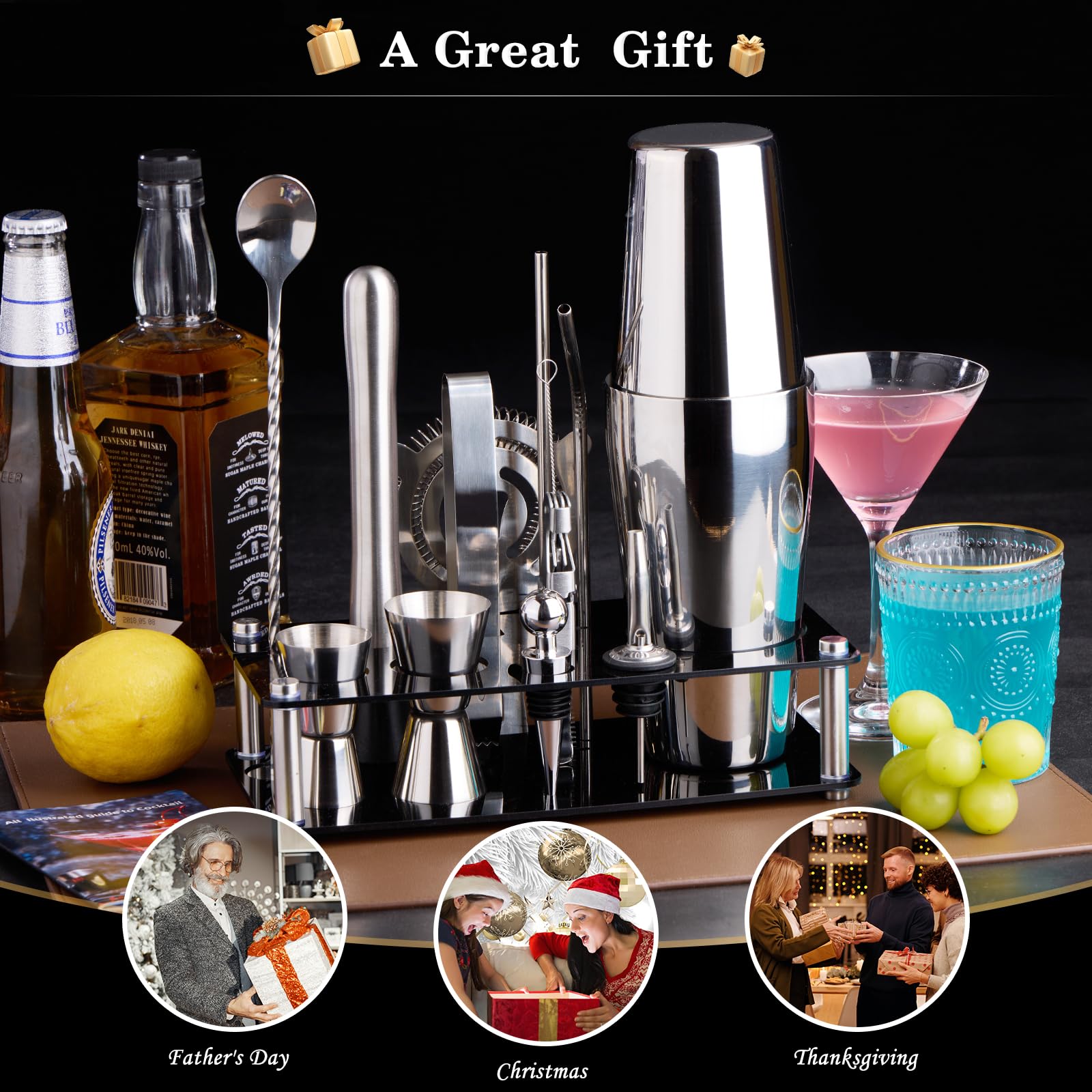 Cocktail Shaker Set Bartender Kit : 15-Piece Bar Tool Set with Acrylic Stand Bars Set with All Practical Bar Accessories, for Drink Mixing, Bar, Home, Lounge & Party, Silver