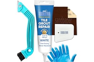 TOOLERA Tile Grout Repair Kit (5Pcs Set), Premixed Tile Grout (White - 13.4 Oz / 380gr), Grout Removal Tool, Spatula, Waterproof Grout Filler for Bathroom, Kitchen, and Floor Tiles (White)