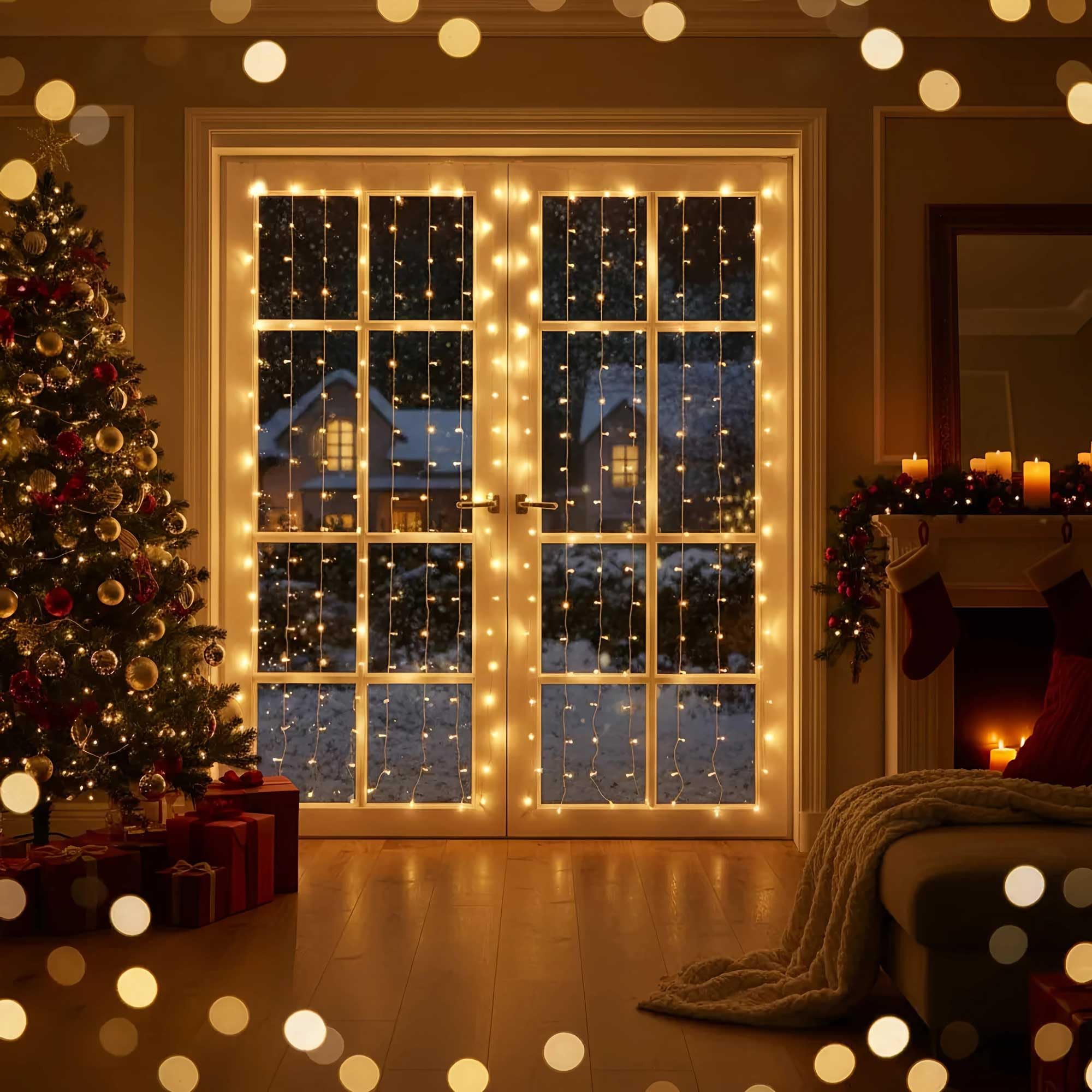 Qbis Christmas Lights 320 LED Colour Changing Fairy Lights with Remote, Plug in Hanging Curtain Lights for Inspirational Christmas Décor, RGB Christmas Window Lights pretty twinkly lights silver wire.
