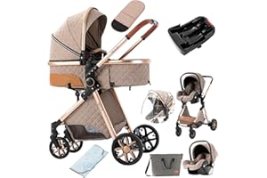 SUTTONBEBE 3 in 1 Baby Travel System Reversible Baby Stroller Pushchair Portable Baby Standard Pram Buggy Baby Carriage Foldable Luxury Baby High Landscape Pram for Toddler Newborn (UDV9-KHAKI with Base)