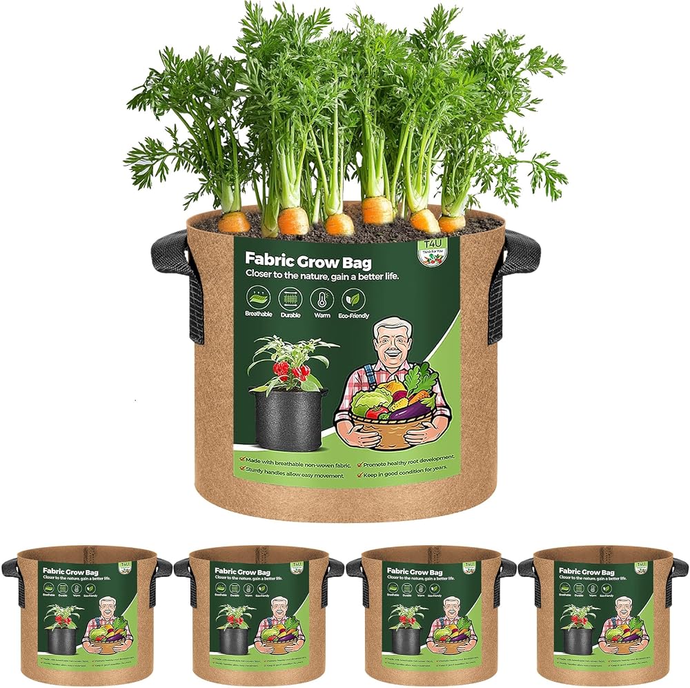 T4U 5-Pack 5 Gallon Fabric Grow Bags with Handles, Heavy Duty Nonwoven Planter