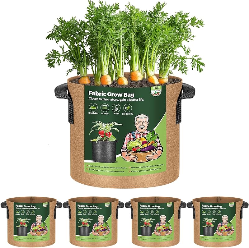 T4U 5-Pack 5 Gallon Fabric Grow Bags with Handles, Heavy Duty Nonwoven Planter