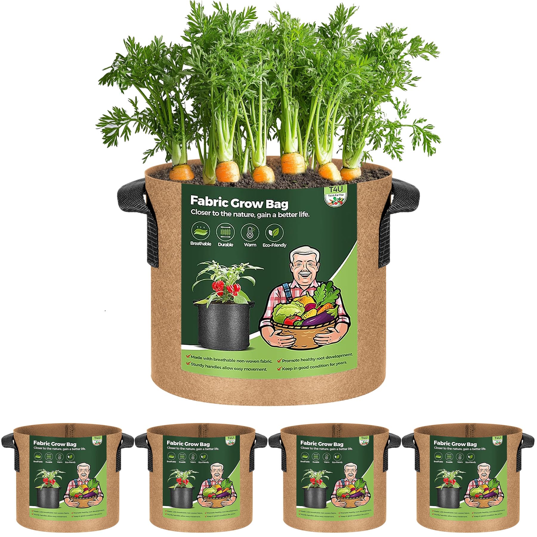 T4U 5-Pack 5 Gallon Fabric Plant Grow Bags, Heavy Duty Smart Growing Bag with Handle, Thickened Breathable Nonwoven Growbag Planter Container for Potato Tomato Chili Strawberry Vegetable Seed Outdoor