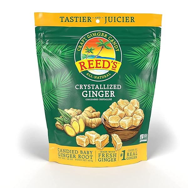 REED’S ALL NATURAL CRYSTALLIZED GINGER NUGGETS IN A 16 OZ RESEALABLE BAG – BABY GINGER ROOT FRUIT SLICES SWEETENED WITH RAW CANE SUGAR CRYSTALS – HIGH ENERGY GINGER CANDIES FOR SNACKING – 12 PACK