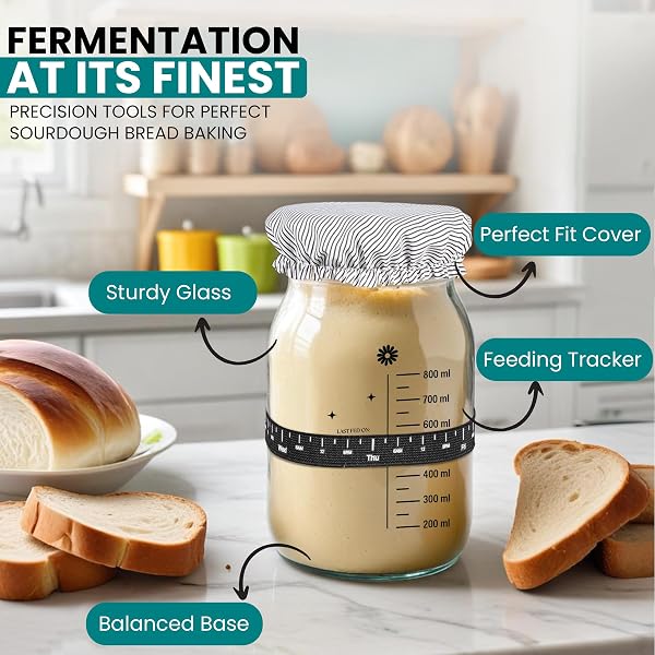 LINA E MAMA 34 OZ SOURDOUGH STARTER JAR | SOURDOUGH STARTER KIT | WIDE MOUTH SOUR DOUGH KIT WITH A WOODEN & ALUMINUM LID, SPATULA, AND FUNNEL | SOUR DOUGH JAR FOR BEGINNERS AND PROS