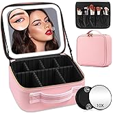 Jadazror Makeup Case with Mirror and Lights, Travel Makeup Bag with Lighted Mirror, Make up Case with LED Mirror & Adjustable Dividers, Portable Cosmetic Organizer Bag Gift for Women(Pink)