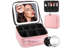 Jadazror Lighted Makeup Case with Mirror, Adjustable Dividers - Portable Cosmetic Organizer Bag for Travel