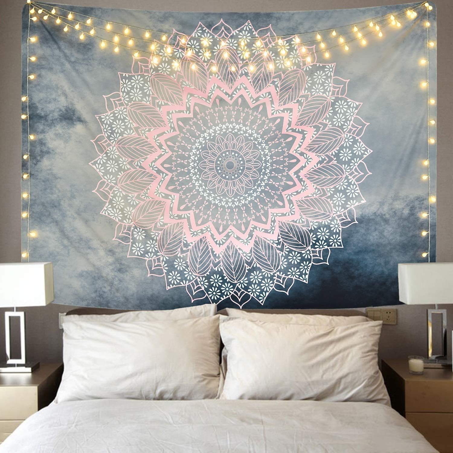 Pink Mandala Floral Tapestry Grey Bohemian Tapestry Hippie Tapestry Floral Medallion Tapestry for Bedroom