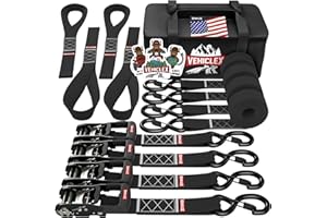 Vehiclex Motorcycle Ratchet Tie Down Straps with Soft Loops - 4PK Heavy Duty 1.5" x 8ft Kit, 4,400 lb Breaking Strength for Powersports, Black