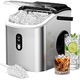 EUHOMY Countertop Ice Maker Machine with Handle, 26.3lbs Daily | 9Pcs in 6 Mins, Self-Cleaning Portable Ice Maker with Basket &amp; Scoop, for Home/Kitchen/Camping/RV，Silver