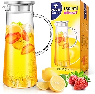 CNNIK Glas Krug, 1.5 Liter Glaskaraffe mit Deckel Wasserkrug Wasserkaraffe Glaskaraffe Wasserkanne Karaffe Krug Glas Pitcher Glas Saftkanne