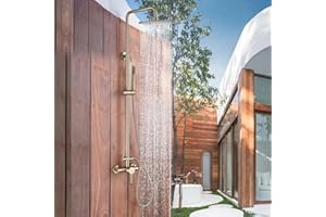 RBROHANT Outdoor Shower, Wall Mount Outdoor Shower Kit, Outside Shower Faucet with Height Adjustable Rain Shower Head and Handheld, Exposed Shower for Backyard, Wall Mounted, Brushed Gold, JK0147