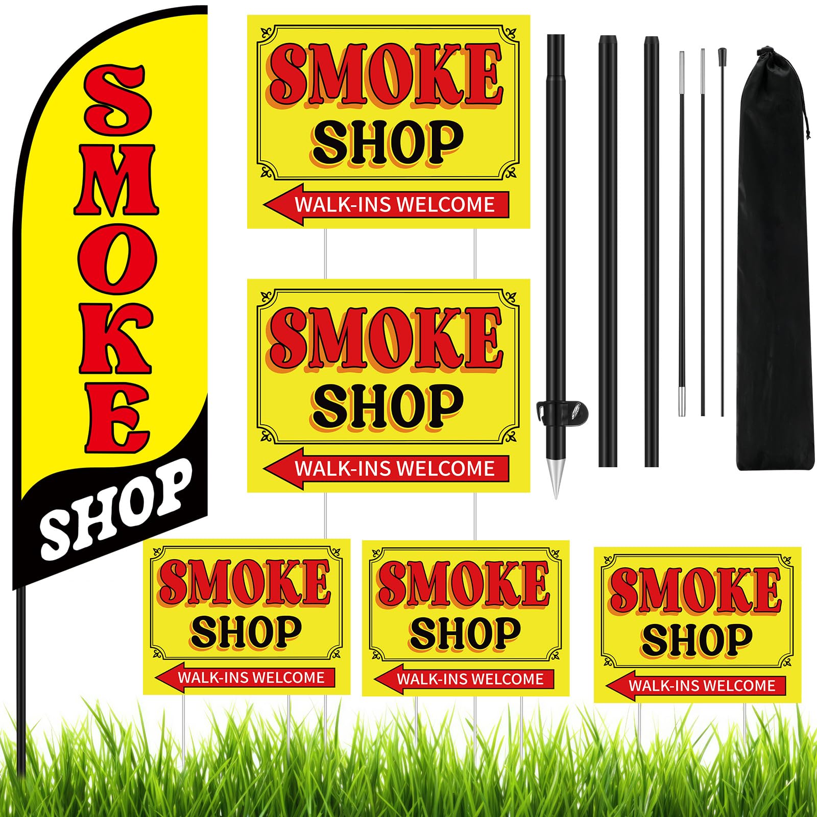 Photo 1 of SmoothNovelty Smoke Shop Feather Flag Pole Kit Include 7 ft Banner Flag with Poles 5 Pcs Smoke Shop Sign and 10 Pcs Ground Stake for Outside Business Stores Shops Decoration
