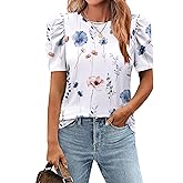 Zeagoo Blouse for Women Dressy Casual Puff Short Sleeve Boho Tops Fashion Floral Crew Neck Tunic Shirts Summer Clothes