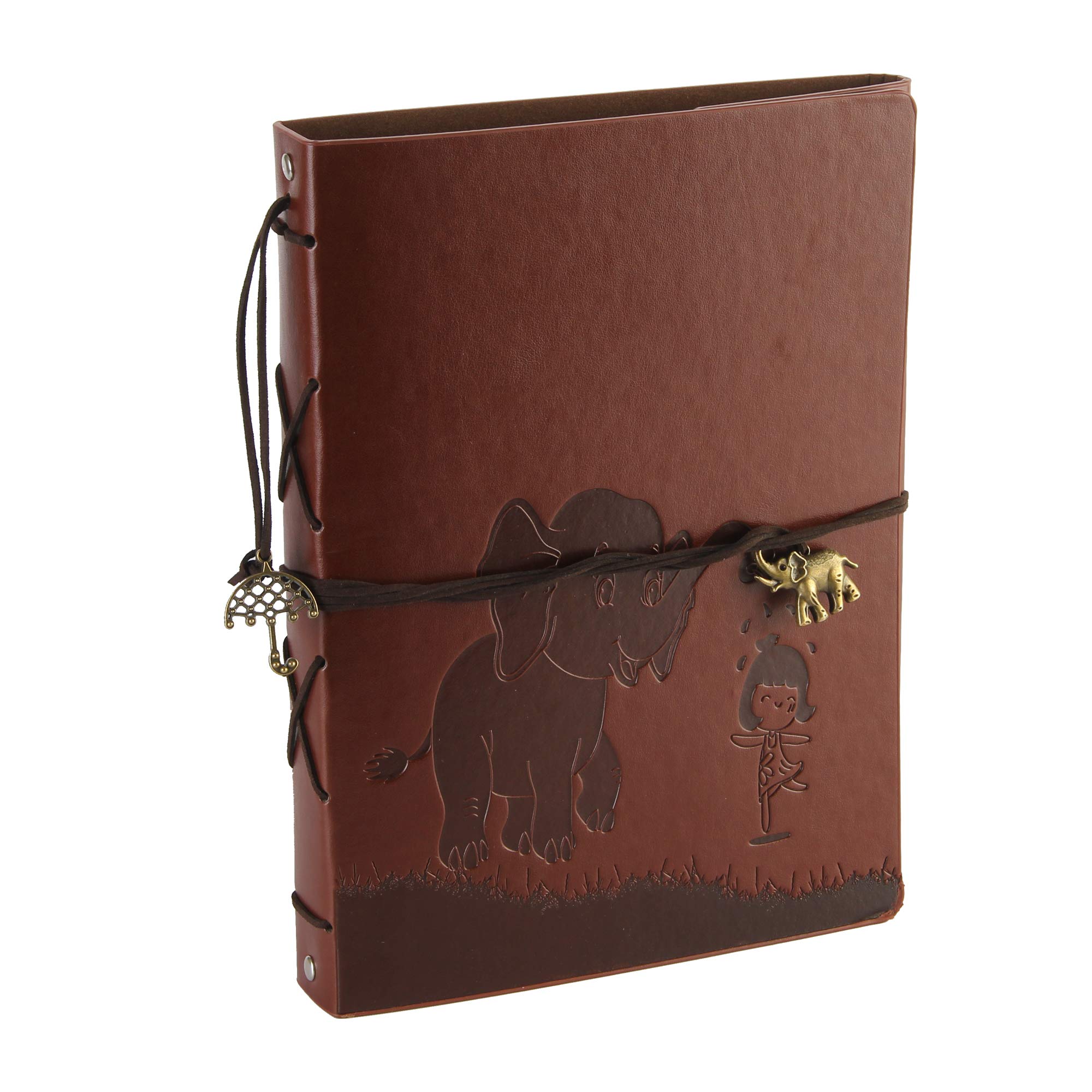 RECUTMS Leather Scrapbook Album 60 pages 10.8×8.3inch Vintage Leather Premium Black Paper Memory Book Children Back to School Holy Communion Gifts for Girls Boys Birthday Presents Kids (Elephant)