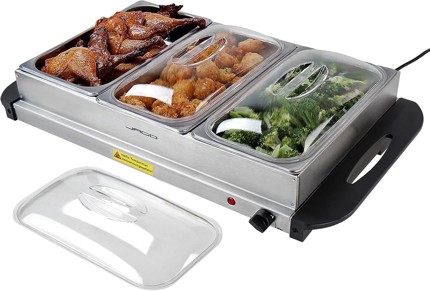 Buffetwärmer - Elektrisch, mit Heizplattenfunktion, Setwahl, Temperaturregler, Edelstahl - Warmhaltegerät, Speisewärmer, Warmhalteplatte, Warmhaltebehälter (1er, 3x2.5L)