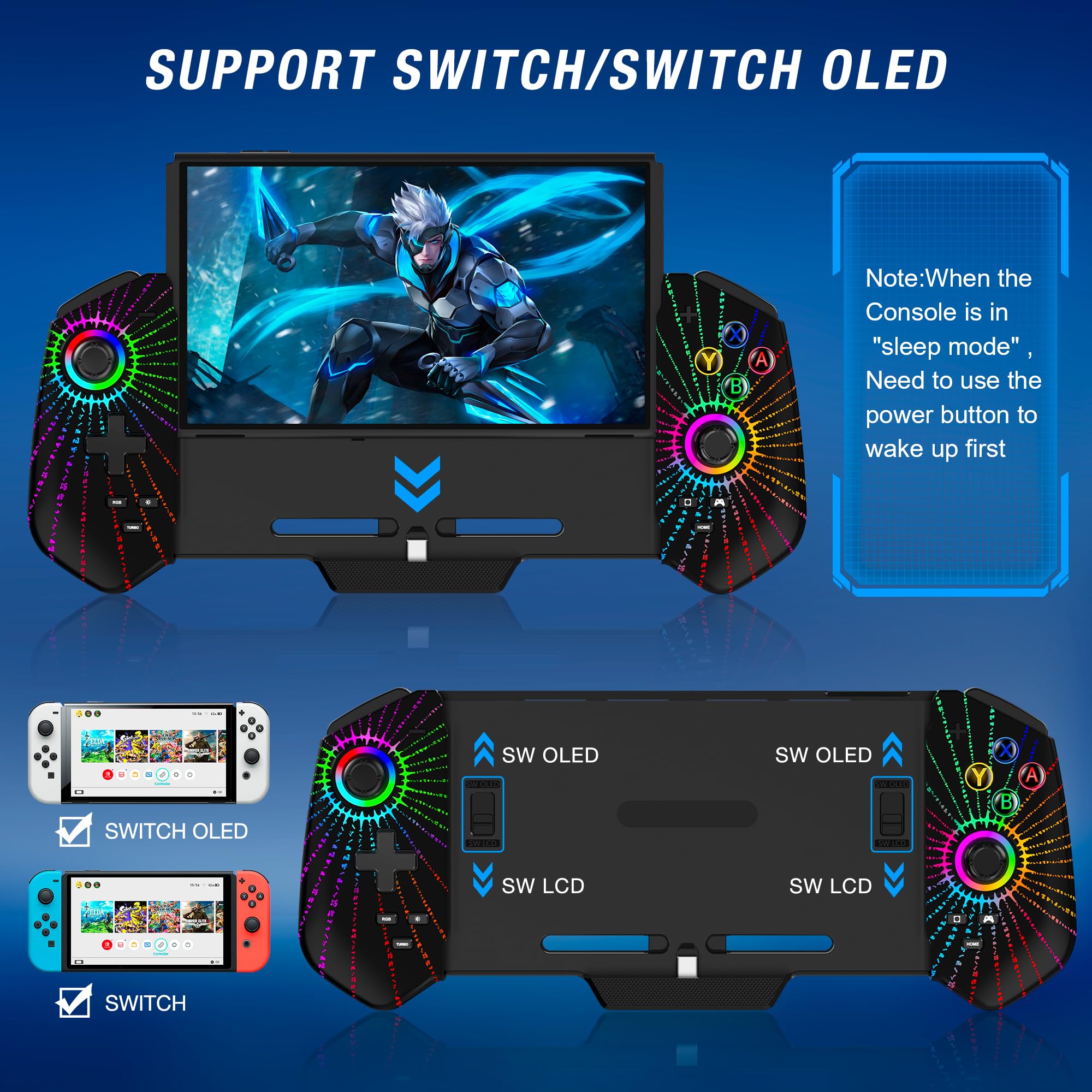 HASACOOL Switch Controller Handheld mit Hall Effect Sticks, Großer Griff Controller für Switch/OLED mit Turbo/Tischständer/6 Achsen Gyro(Runen) 6