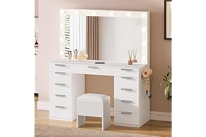 DWVO Makeup Vanity with LED Mirror, 11-Drawer Vanity Table with Touch-Control Lights