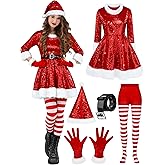 SOMSOC Women Santa Claus Costume Red Velvet Sequin Santa Dress with Belt Hat Striped Tights Gloves Santa Outfit for Christmas