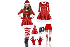 SOMSOC Women Santa Claus Costume Red Velvet Sequin Santa Dress with Belt Hat Striped Tights Gloves Santa Outfit for Christmas