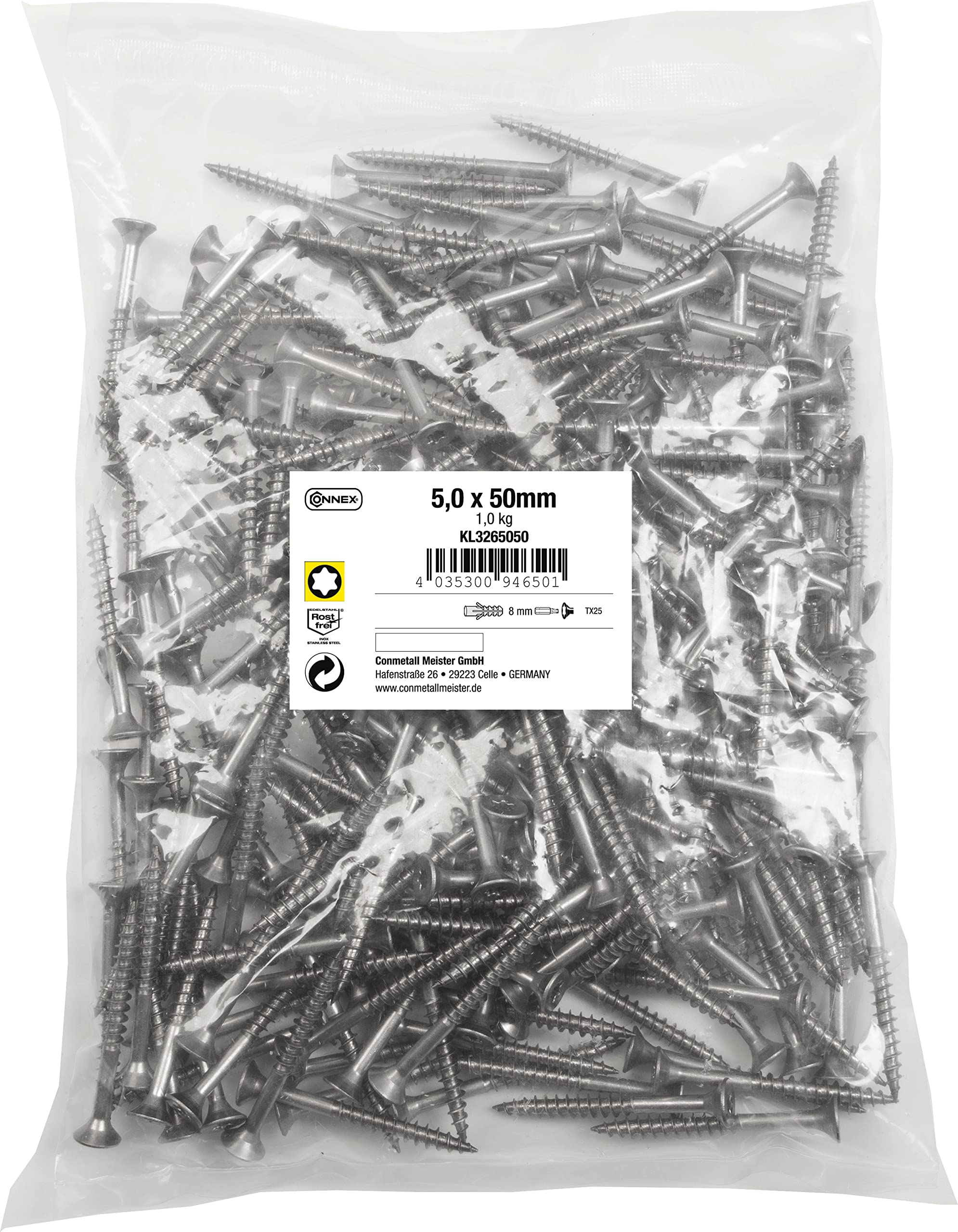Connex KL3265050 Universal Screws 5.0 x 50 mm - 1 kg Bulk Pack - Countersunk Head - TX Drive - Partial Thread - Stainless Steel/Screw Set/Screws in Bag