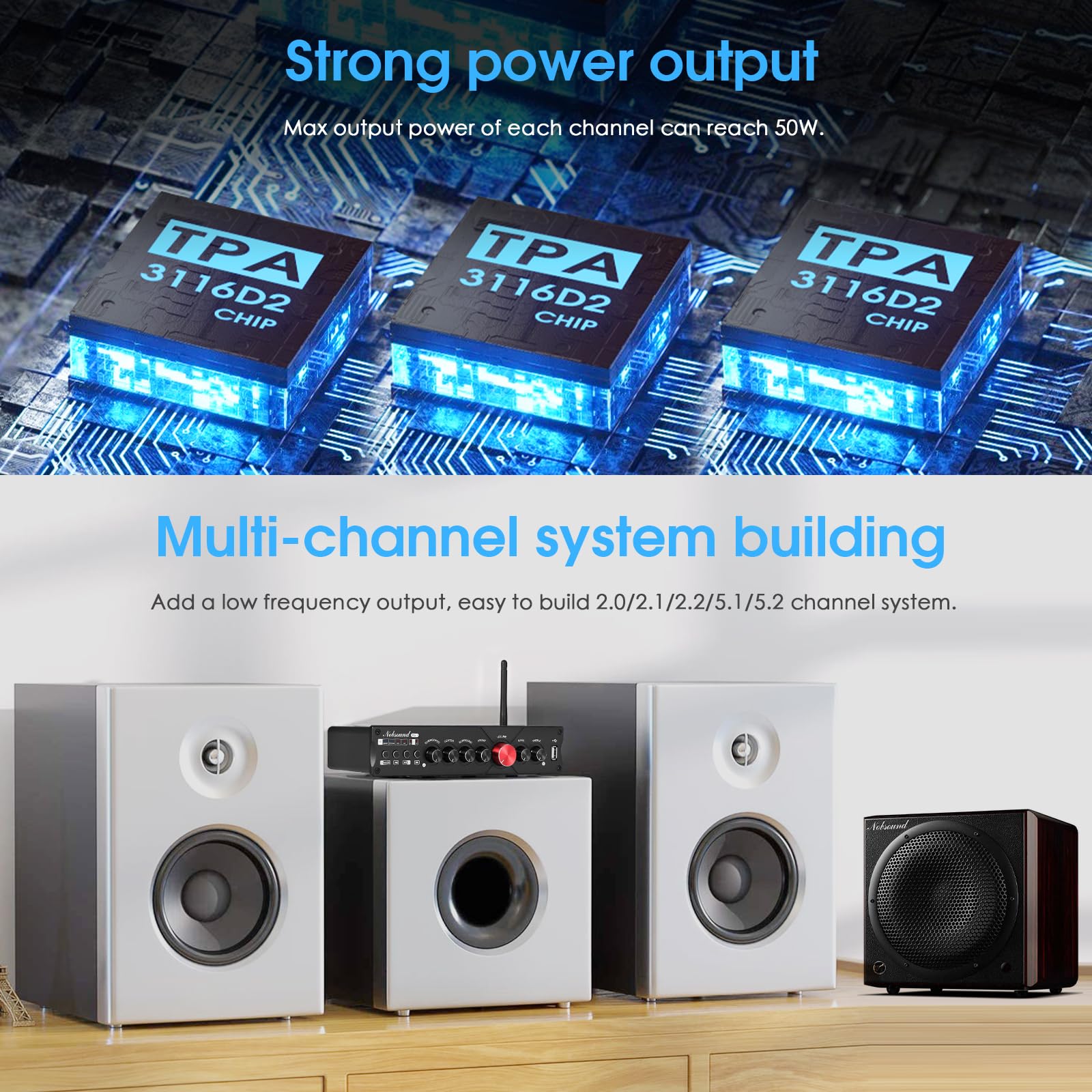 Amplificatore Subwoofer 2.1 Bluetooth 5.0 HiFi: 100W+50Wx2 TPA3116 Per Casse Passive - 4