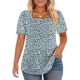 VISLILY Plus-Size-Womens-Summer-Tops Trendy Square Neck T Shirts Cute Flowy Pleated Tunics Casual Short Sleeve Blouses XL-5XL