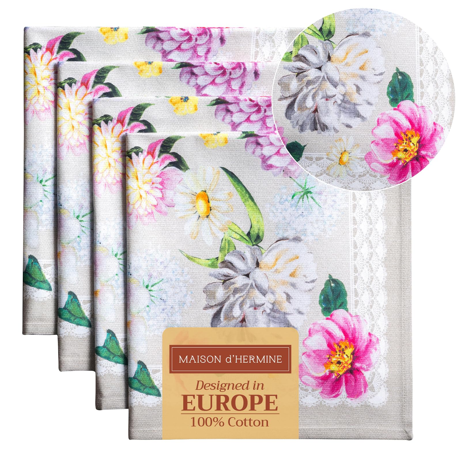 Maison d' Hermine Cloth Napkins Set of 4 100% Cotton Everyday Reusable Square Napkins Cloth Washable Dinner Party Wedding Restaurant Gifts for Mothers Day (Pivoine, 45 CM x 45 CM)