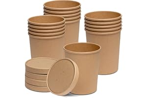 GUSTO [32 oz. - 25 Count Kraft Paper Food Containers with Vented Lids - To Go Hot Soup Bowls, Disposable Ice Cream Cups, Ideal for Hot and Cold Foods - (Formerly Comfy Package)