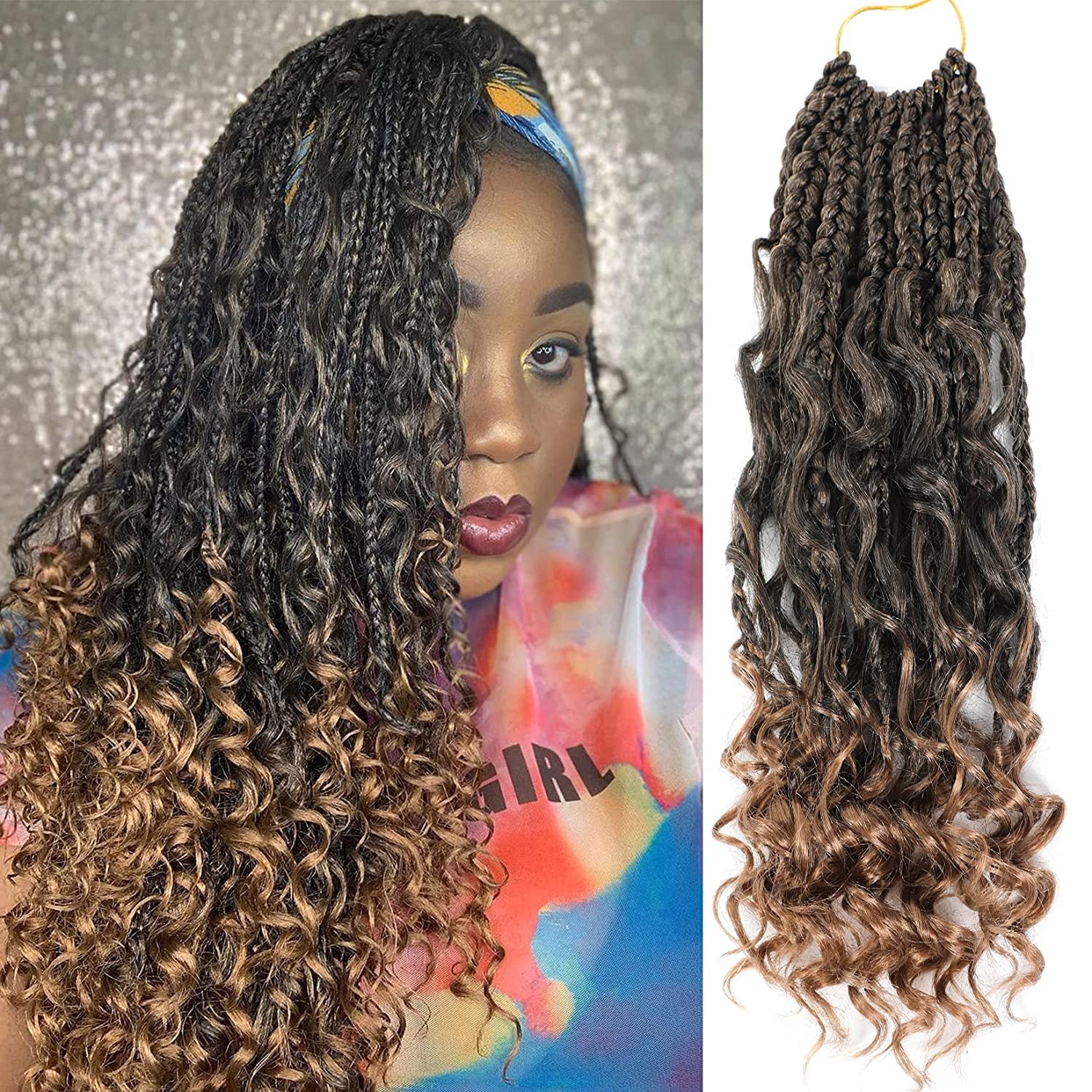 Ainimiu 8Packs Goddess Box Braids Crochet Hair With Curly Ends 14inch Pre-looped Bohomian Crochet Box Braids Synthetic Braiding Hair Extensions (14 Inch, T30#), 400 g — image 1