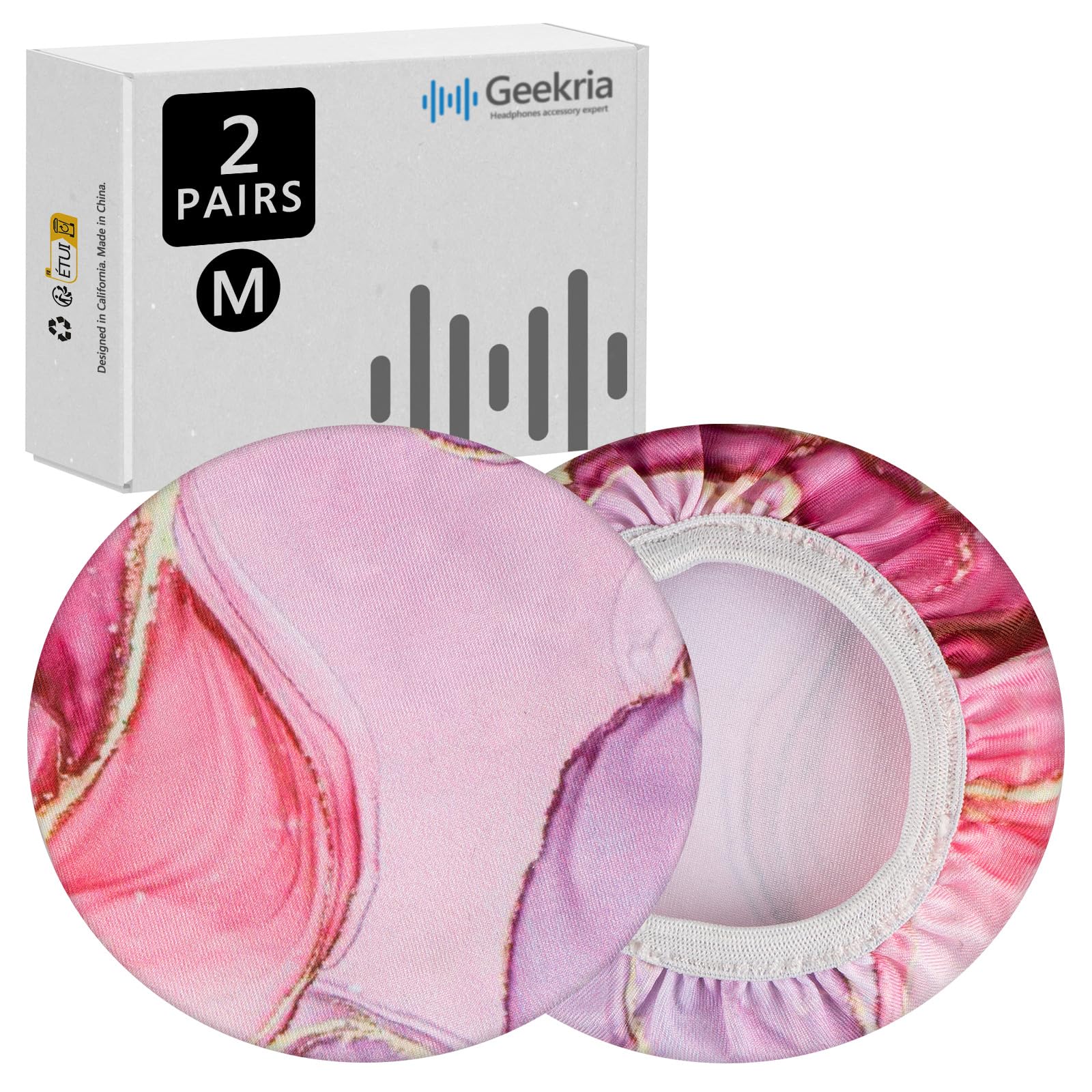 Geekria NOVA 2 Pairs Flex Fabric Headphones Ear Covers - Product Safety Certified - Washable & Stretchable Earcup Protectors for Over-Ear Headsets, Sweat Pads for Gym (Size M/Pink Marble)