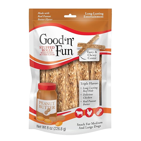 GOOD ‘N’ FUN TRIPLE FLAVOR STUFFED ROLLS WITH PEANUT BUTTER FLAVOR, 8 OUNCE, TREAT YOUR DOG TO LONG-LASTING RAWHIDE CHEWS