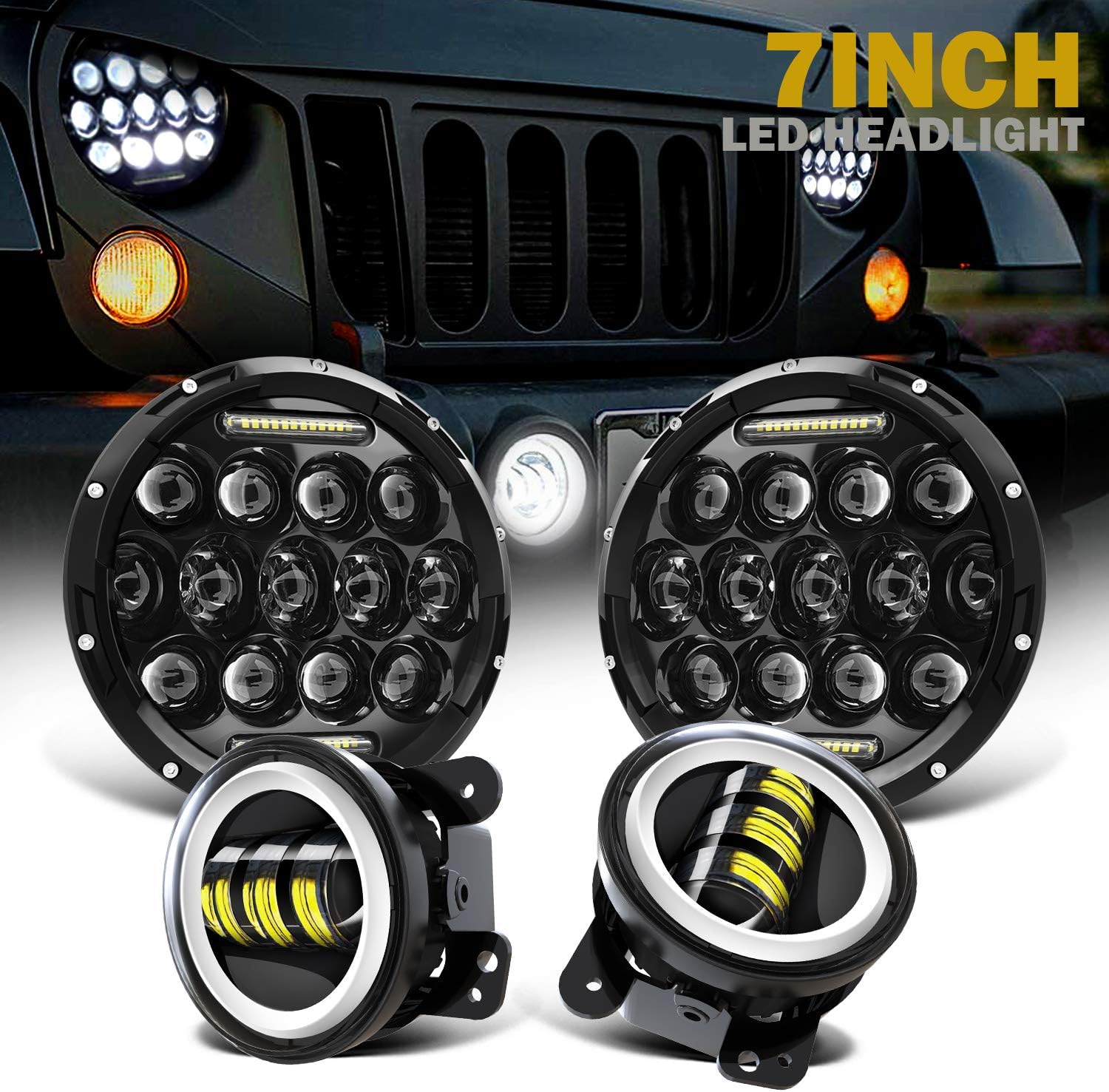 Spead-Vmall 7" Inch 75W LED Headlights + 4" Halo Fog Lights Led Combo Headlamp Assembly Light Kits for 1997-2018 Wrangler JK JKU Rubicon Unlimited Sahara Willy Wheeler Sport