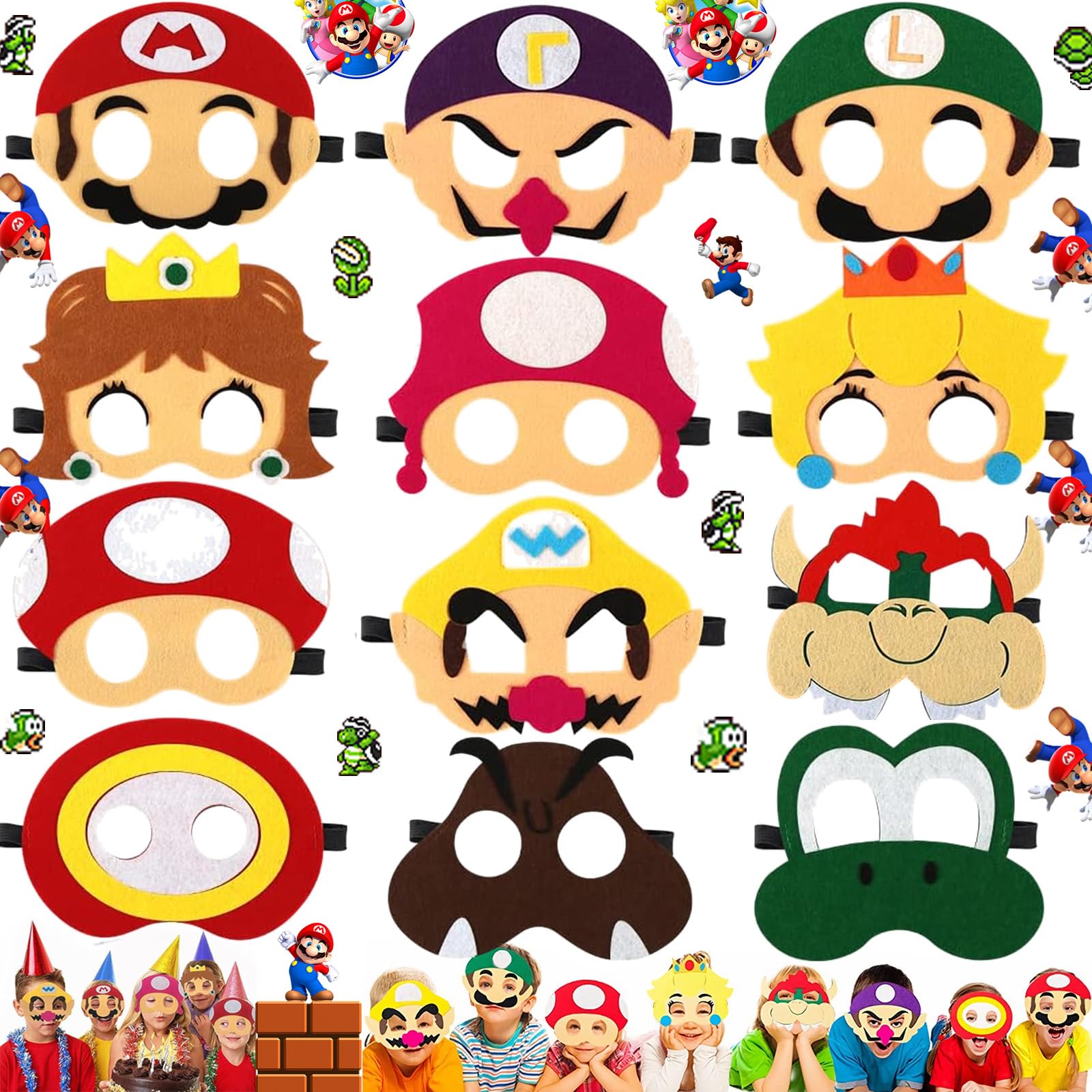 Benaton Pack of 12 Mario Party Masks, Children's Masks, Animal Masks, Unisex Kids, Ages 3-12