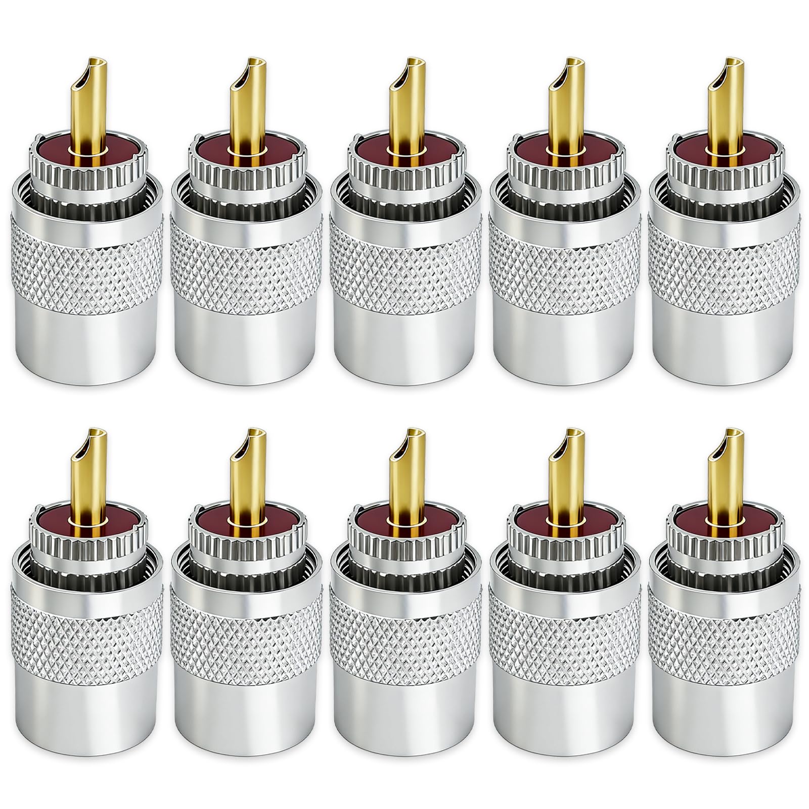 PL259 UHF Male Coaxial Connectors 10 Pack with Reducer, Solder-Type 50ohm Teflon Gold-Plated Brass, Compatible with RG58/RG59/RG8/RG8X/RG213/LMR Cables for Ham/CB Radio/GPS/Antenna