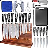 XYJ Authentic Since 1986,Knife Block Set,Professional Japanese Style Chef Knives Set with Block,Scissors,Sharpener Rod,Cutting Board,Gloves,Stainless Steel Steak Paring Bread Santoku Kitchen Knives