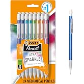 BIC Xtra-Sparkle Number 2 Mechanical Pencils, 24-Count Pack, 0.7mm Point | Colorful Sparkle Barrels, Multicolor Design, Ideal for School Supplies, Smudge-Resistant Lead, Medium Point, Erasers
