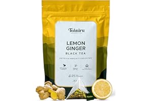 Teaniru, Lemon Ginger Tea - Detox tea for body cleanse, 25 Pyramid Tea Bags, Pure Leaf Tea - Naturally Flavored Black Tea, Rich in Antioxidants, Zero Calorie, Vegan, Gluten free - Immunity booster tea