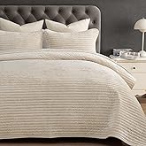 PHF Luxury Velvet Quilt Set Queen Size – 3PCS Ultra Soft Quilted Comforter Alternative with Striped Channel, Cozy Quilted Bedspread, 1 Coverlet with 2 Matching Shams, 90" x 92", Sand